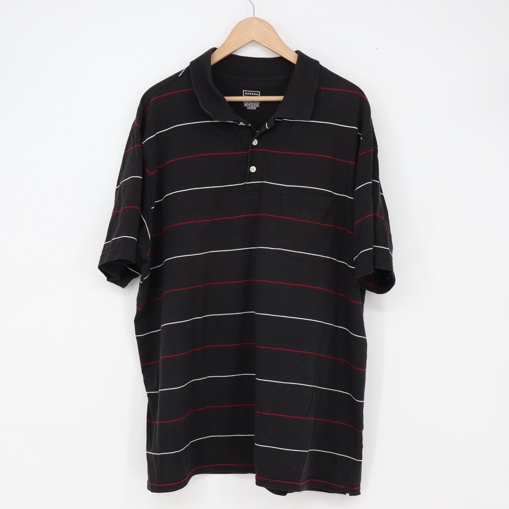 Merona Polo Shirt Mens XXL Casual Black Striped Short Sleeve Pocket Good